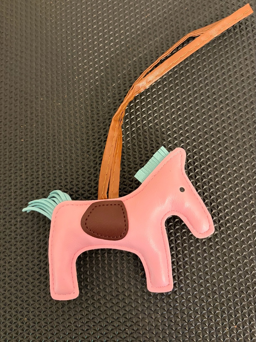 Vegan Leather Pink Horse Bag Charm with blue/Teal Highlights and Brown Saddle